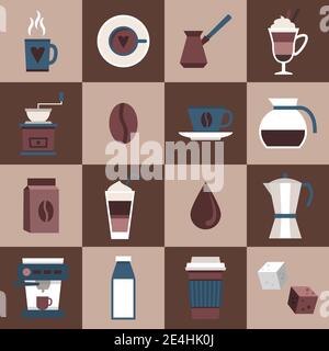 Coffee flat icons set with cup mug hot dring pot turk pouch jar isolated vector illustration Stock Vector