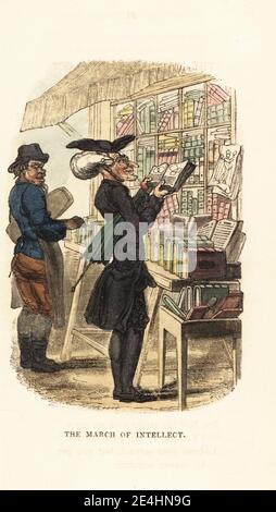 A canon in wig and glasses, with umbrella under his arm, reading a book at a bookstall in Georgian London. The other customer is a butcher in apron. The March of Intellect. Handcoloured wood engraving after an illustration by Thomas Rowlandson from W. H. Harrison’s The Humourist, a Companion for the Christmas Fireside, Rudolph Ackermann, 19 Strand, London, 1831. Stock Photo