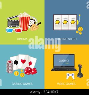 Leisure video sport and gambling casino games flat icons set isolated vector illustration Stock Vector
