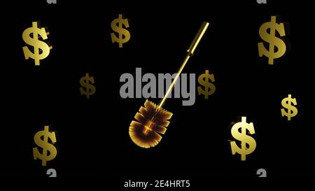 Gold toilet brush and dollar signs on a black background. Excessive luxury concept, 3D rendering Stock Photo