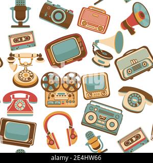 Vintage media gadgets colored seamless pattern with vintage electronic devices vector illustration Stock Vector