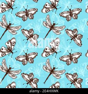 Butterflies and dragonflies insects blue sketch seamless pattern vector illustration Stock Vector
