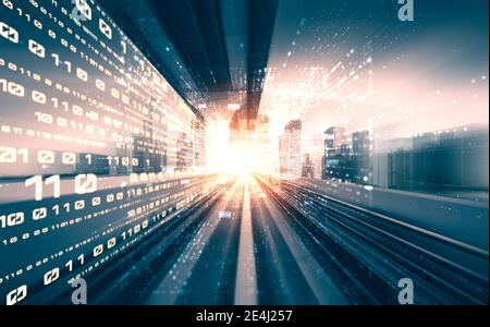 Digital data flow on road with motion blur to create vision of fast speed transfer . Concept of future digital transformation , disruptive innovation Stock Photo