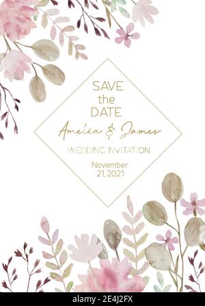 Cute floral watercolor wedding template. Wedding invitation. Save the date. Vector illustration. Stock Vector