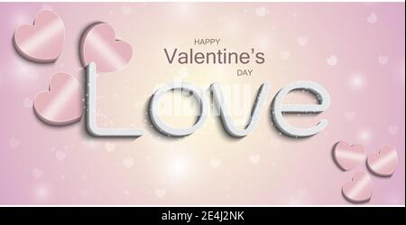 Happy Valentines Day.Greeting card background with love 3d text effect.Pink hearts 3d shape.Vector illustration.Eps10 Stock Vector