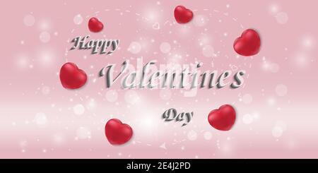 Happy Valentine Day.Greeting card  with 3d text effect.Pink background with red hearts.Vector illustration.Eps10 Stock Vector