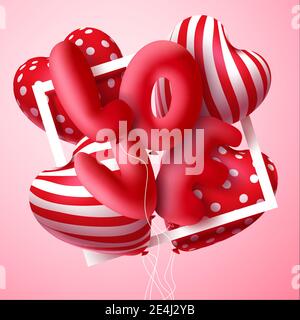 Valentine's love balloon vector concept design. Love and heart 3d realistic balloons element floating with white frame for romantic valentine's day. Stock Vector