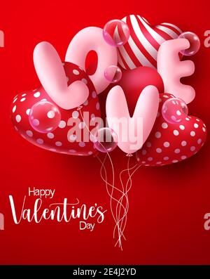 Valentine's day vector concept design. Happy valentine's day text with love and heart 3d realistic balloon and bubbles element floating for valentine. Stock Vector