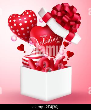 Valentine's gift vector concept design. Valentine's day surprise gift box with happy valentine's day greeting text in 3d realistic heart and love. Stock Vector