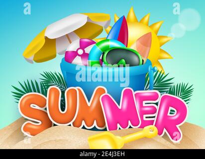 Summer vector concept design. Summer text in beach sand with bucket and shovel toy element for kids play fun and enjoy vacation. Vector illustration Stock Vector