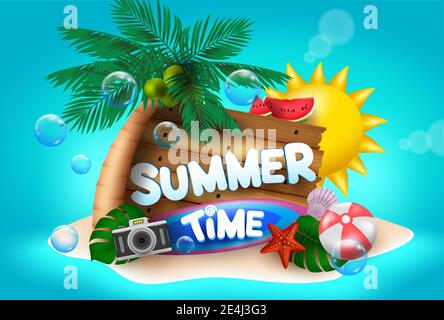 Summer time vector concept design. Summer time text in beach island with sun, palm tree, beach ball, camera and seashell elements in blue sea. Stock Vector