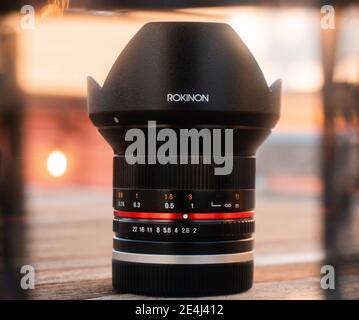 Rokinon 12mm f2.0 manual focus lens Stock Photo