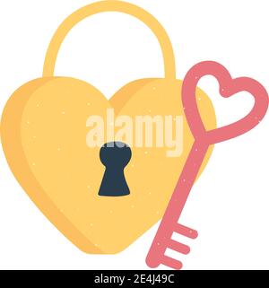 padlock and key shaped heart love and romance in cartoon style vector illustration Stock Vector