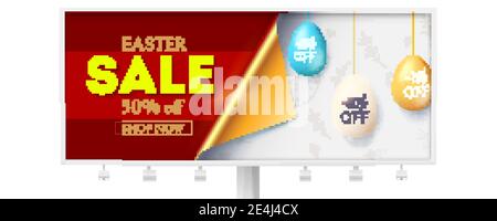 Festive Easter sale on billboard. Corner of paper covering hanging painted eggs with percent of discounts. Vector 3d illustration. Stock Vector