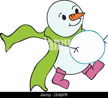 snowman carrying snowball with green scarf flying behind wearing pink boots vector illustration Stock Vector