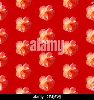 Seamless pattern with roses on a red background in hard light from behind from above. Pop art creative design for textile, fashion, fabric, wrapping paper. Stock Photo