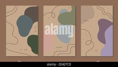Abstract vector backgrounds set. Hand drawn various amorphous shapes, lines and objects. Modern trendy illustrations in muted pastel colors Stock Vector