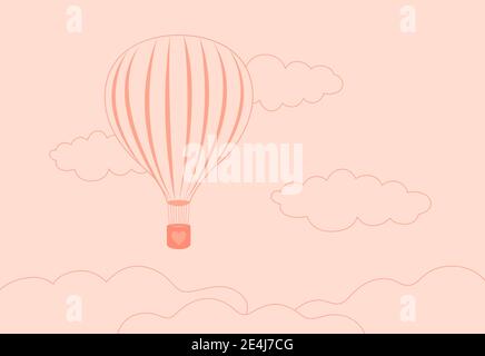 Valentines day background with pink air balloon flying in the clouds on gentle dusty pink background  Vector illustration Stock Vector