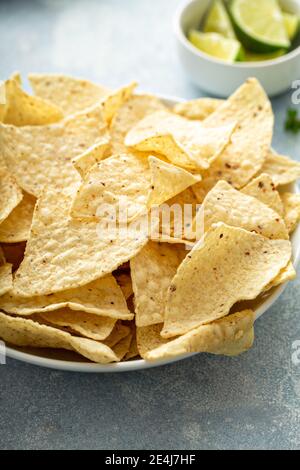 Corn tortilla chips in a bowl Stock Photo