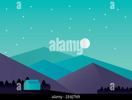 house and mountains in the night aventure landscape scene vector illustration design Stock Vector