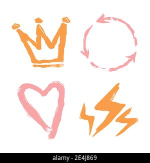 sketch and doodle color crown arrows heart and thunder set, isolated style vector illustration Stock Vector