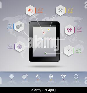 Tablet 3d infographic template with business hexagon options and world map on background vector illustration Stock Vector