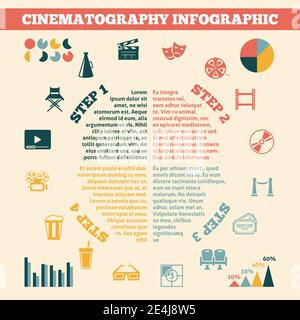 Commercial cinematography film production development in four steps infographics with statistic charts poster print flat vector illustration Stock Vector