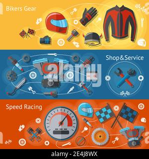 Motorcycle parts flat banners set with bikers gear shop service speed racing isolated vector illustration Stock Vector