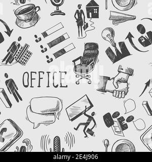 Office business sketch black and white seamless pattern with coffee cup handshake chart vector illustration Stock Vector