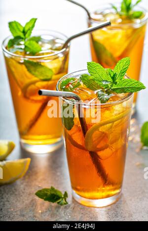 Iced tea with lemon and mint Stock Photo