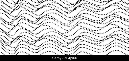 Monochrome chaotic waves, undulating spotted lines. Black, white op art design. Dotted background. Abstract halftone pattern. Wavy curves. Vector EPS0 Stock Vector