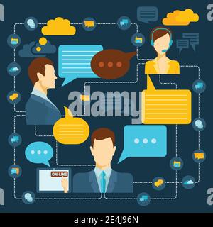 Chat flat background with male and female avatars and speech bubbles connected vector illustration Stock Vector