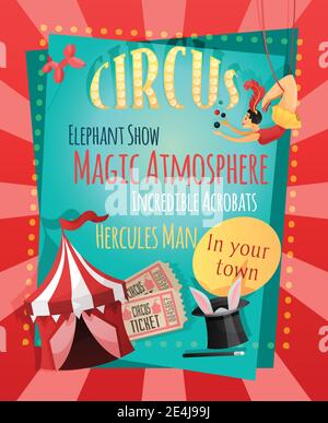 Circus show poster with acrobats and animal trainer performing on arena ...