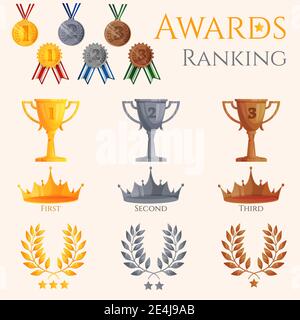 Ranking icons set of different size awards and medals isolated vector ...