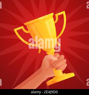 Human hand holding golden winner cup trophy. Competition success ...