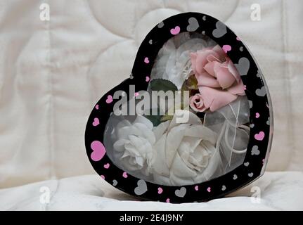 White and pink artificial textile roses in a heart shaped Valentines day box Stock Photo