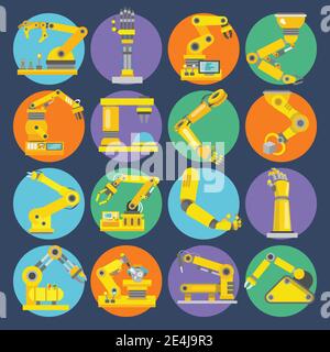 Robotic arm remote control device machine equipment flat icons set isolated vector illustration Stock Vector
