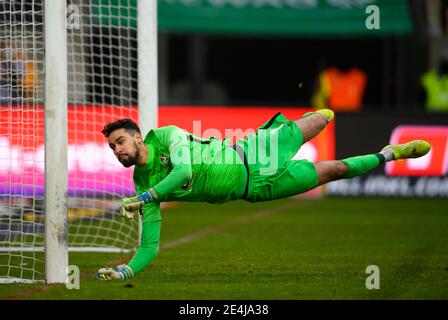 Dresden, Germany. 23rd Jan, 2021. Football: 3. league, SG Dynamo Dresden - 1. FC Kaiserslautern, 20. matchday, at Rudolf-Harbig-Stadion. Kaiserslautern goalkeeper Avdo Spahic jumps. Credit: Robert Michael/dpa-Zentralbild/dpa/Alamy Live News Stock Photo