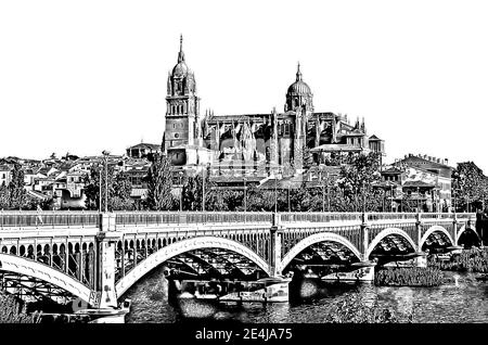Graphical view Salamanca Cathedral and Estevan bridge over Tormes river on white background. Salamanca / Castile and Leon, Spain. Stock Photo