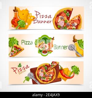 Delicious pizza cut food slices horizontal banners set isolated vector illustration Stock Vector