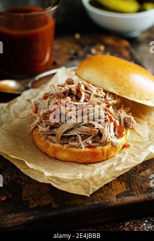 Pulled pork sandwich on a brioche bun Stock Photo