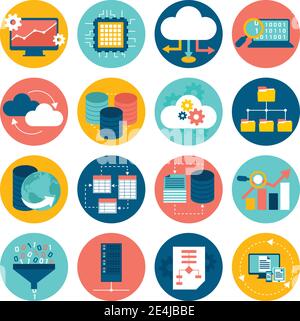 Data analysis database network technology settings icons flat set isolated vector illustration Stock Vector