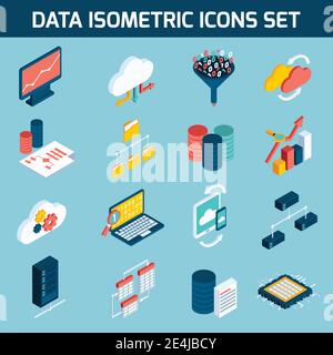 Data analysis digital analytics data processing icons isometric set isolated vector illustration Stock Vector