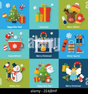 Winter and christmas concept set with happy new year surprise sports and fun elements isolated vector illustration Stock Vector