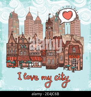 Sketch city decorative background with old town and modern office buildings vector illustration Stock Vector