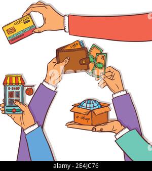Online shopping sketch design concept with human hands with money card and e-commerce elements vector illustration Stock Vector