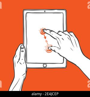 Hand holding tablet portable device and pinch gesture sketch on red background vector illustration Stock Vector
