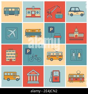 City infrastructure icons flat line set with bus oil bank tram isolated vector illustration Stock Vector
