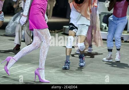 Berlin, Germany. 22nd Jan, 2021. Models show fashion at the About You Show at the About You Fashion Week production at Kraftwerk in Köpenicker Straße. The Berlin Fashion Week for the autumn/winter season 2021/2022 will take place online this time, the shows will be shown online because of the pandemic. Credit: Jens Kalaene/dpa-Zentralbild/dpa/Alamy Live News Stock Photo