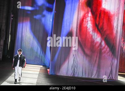 Berlin, Germany. 22nd Jan, 2021. A model shows fashion at the About You show at the About You Fashion Week production at Kraftwerk in Köpenicker Straße. The Berlin Fashion Week for the autumn/winter season 2021/2022 will take place online this time, the shows will be shown online because of the pandemic. Credit: Jens Kalaene/dpa-Zentralbild/dpa/Alamy Live News Stock Photo